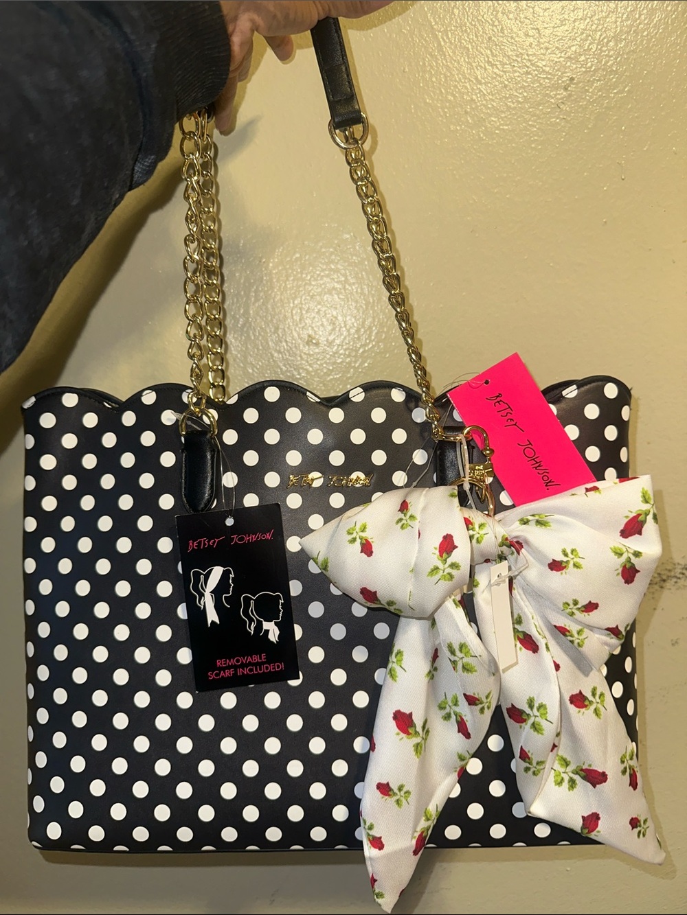 Betsey Johnson Black & White Polka Dot Tote with Floral Bow Scarf